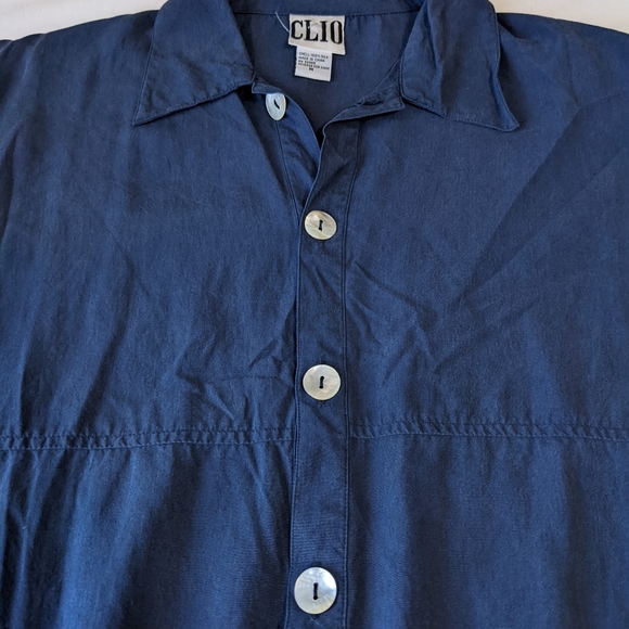 100% silk Long Sleeve Button Down Shirt Navy Blue Medium Clio - Picture 10 of 10